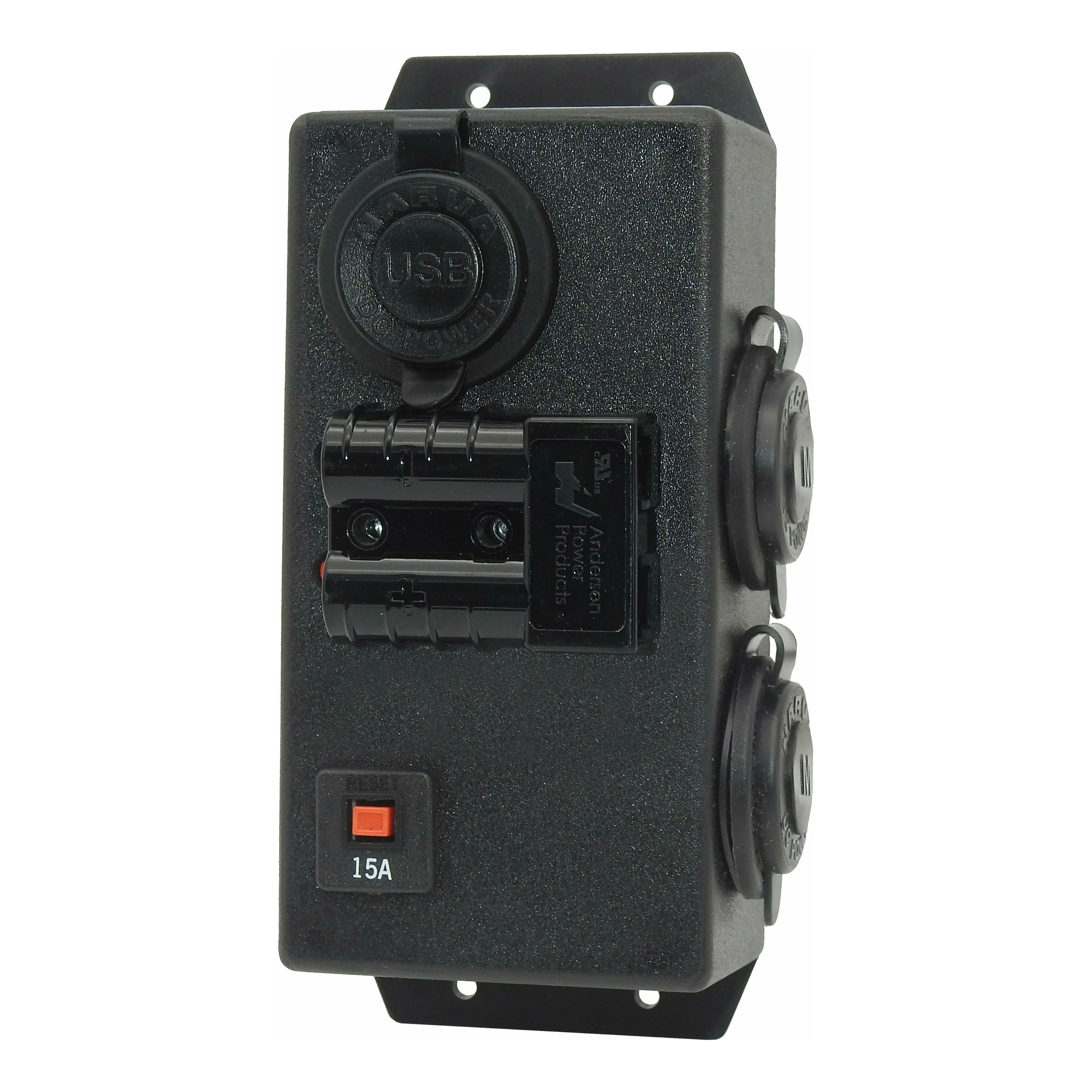 12 Volt Control Box - RIGHT 1 x Dual USB 2 x Merit socket + 50Amp Anderson #75