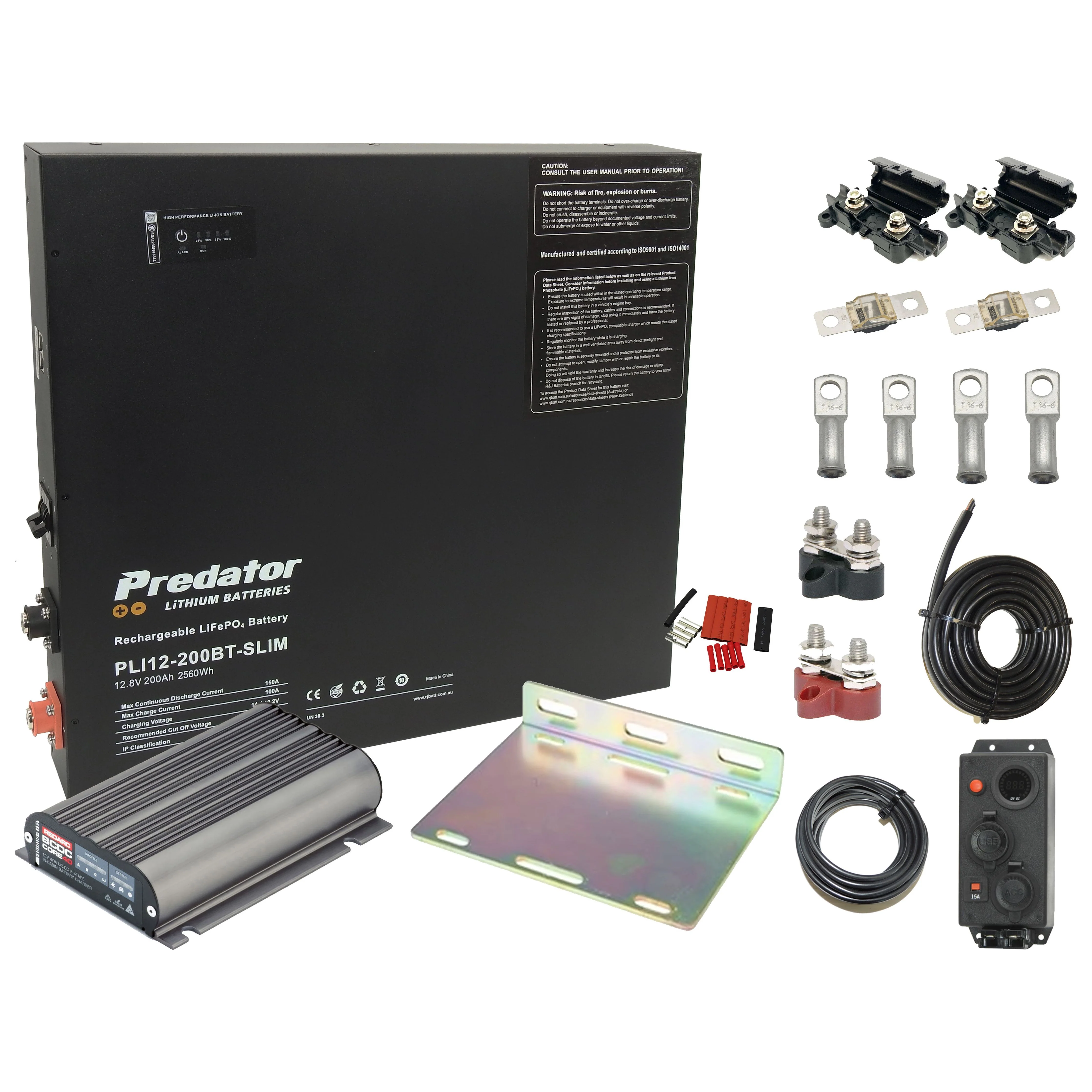 Complete pack Predator 200AH LIFEPO4 Slimline Battery BCDC1240 DC Charger installation pack