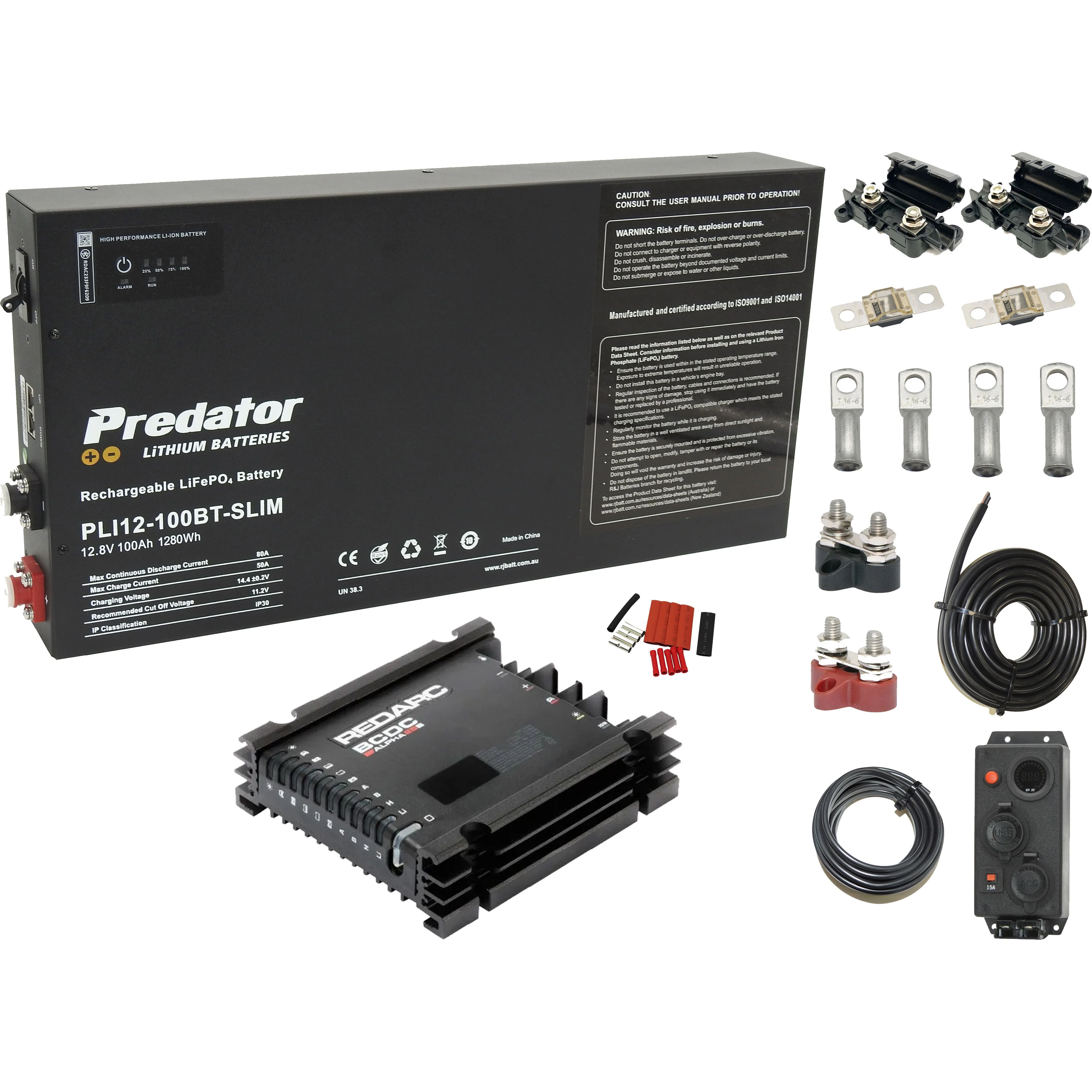 Complete package - Predator 100 AH LiFePO4 Slim line Battery Deep cycle 80A BMS with Redarc APLHA 25Amp