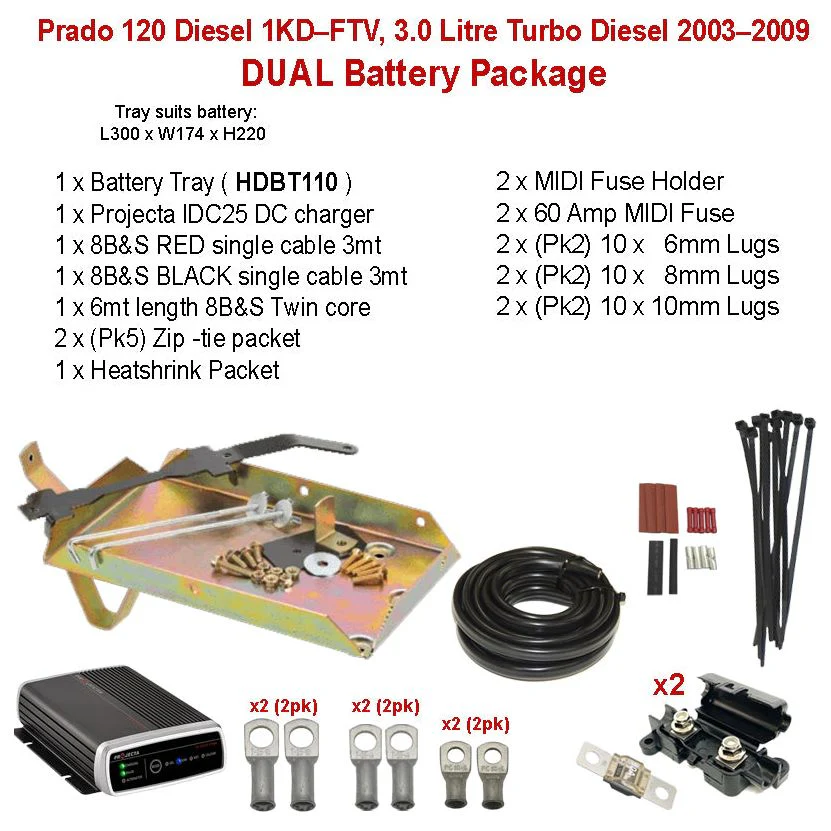 Dual Battery Package Tray IDC25 cables and more | Prado 120 Diesel 1KD–FTV, 3.0 Litre Turbo Diesel 2003–2009 | HDBT110