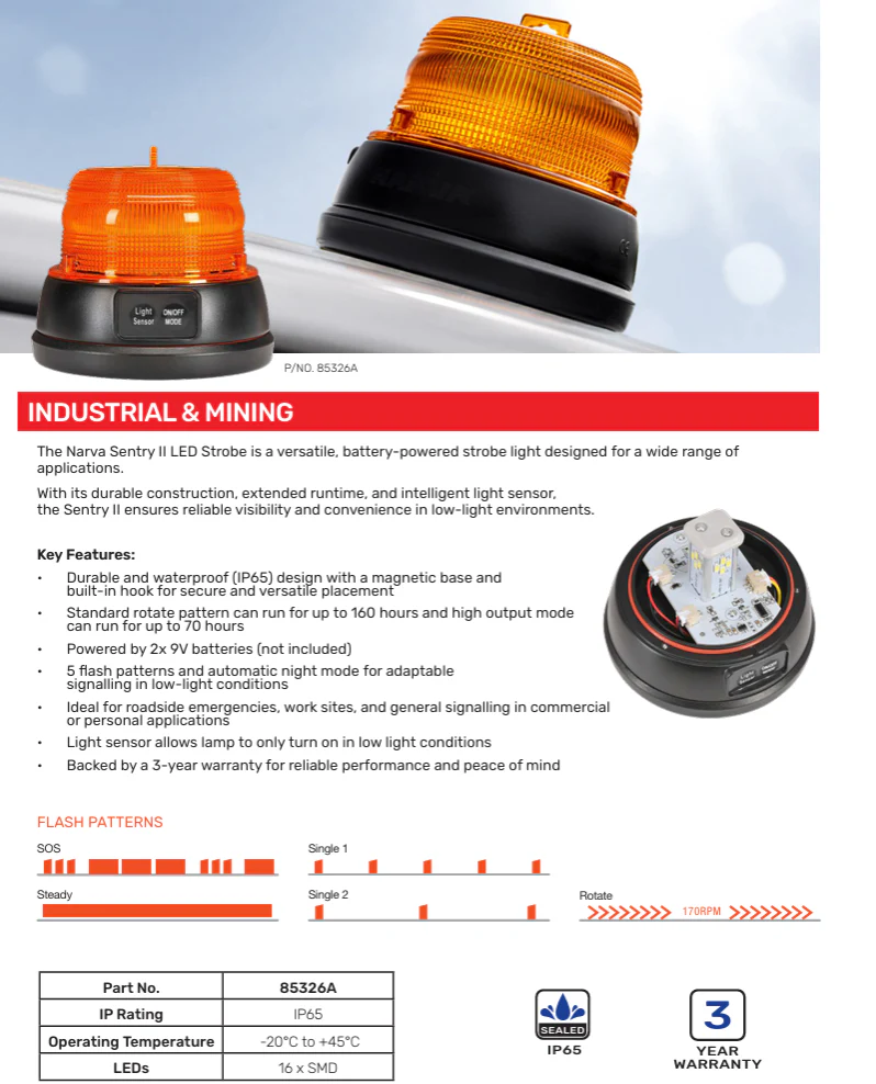 Narva Sentry II LED Portable Battery Powered Strobe (Amber) with Magnetic Base | 85326A - Image 4
