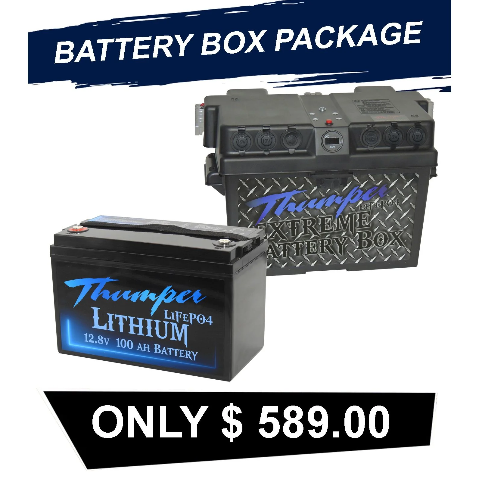 Thumper Lithium 100 AH Standard LiFePO4 Battery TLS-100 + Thumper Elite Battery Box BBE-Blue