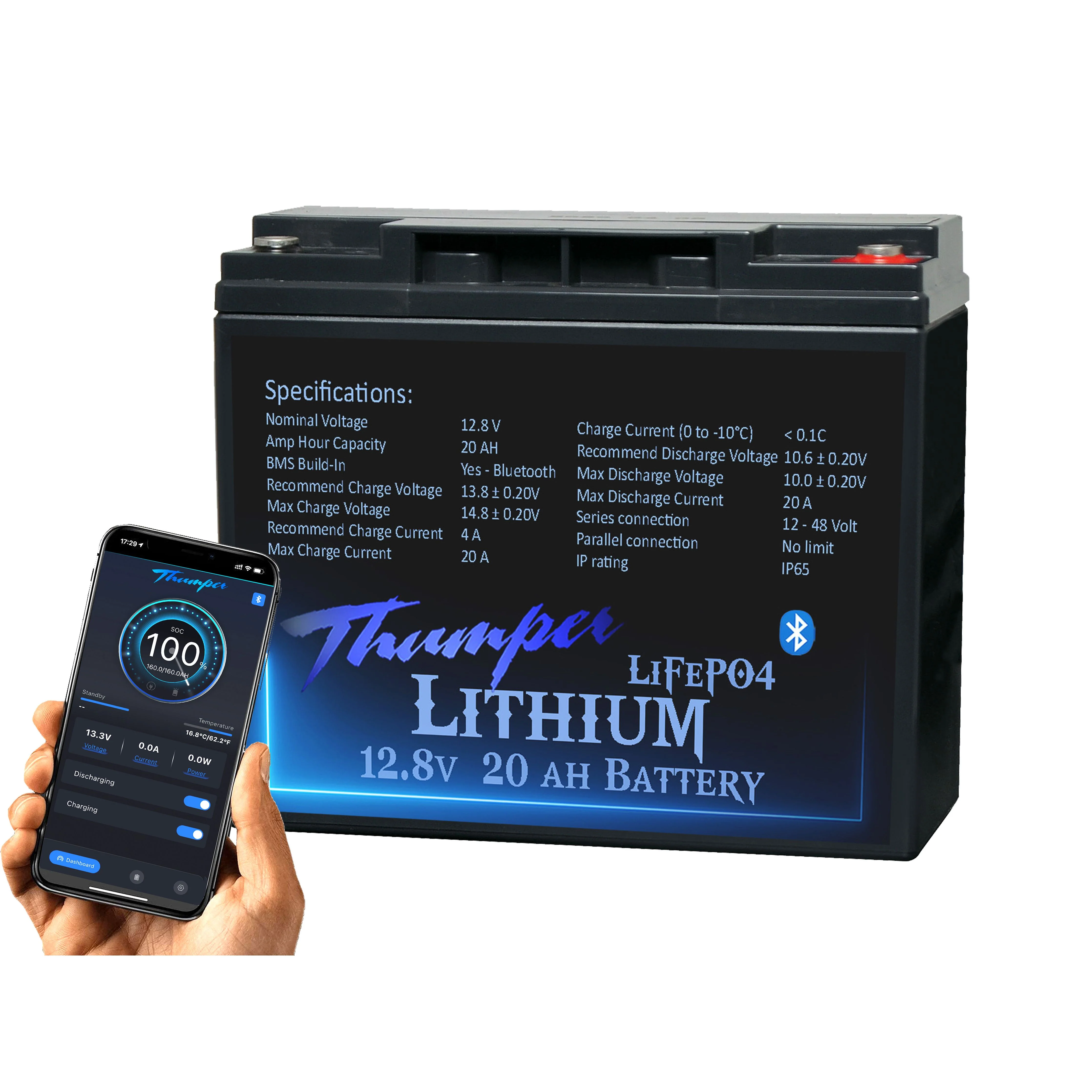 Thumper Lithium 20 AH LiFePO4 Battery with Bluetooth monitoring   181 x 77 x 167mm